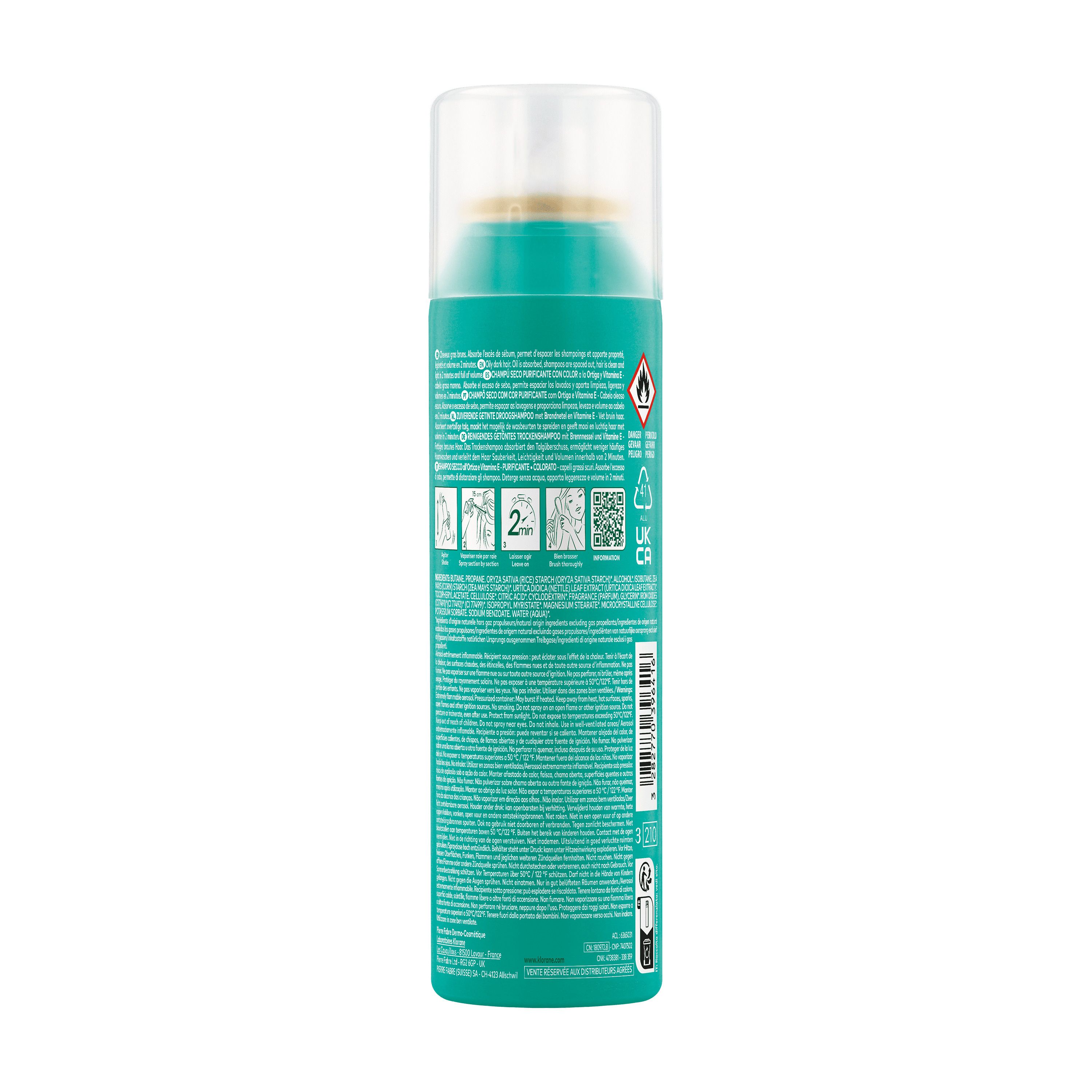 Dos du flacon de shampooing sec Klorane. Texte, code QR, avertissements, symboles de recyclage et instructions.
