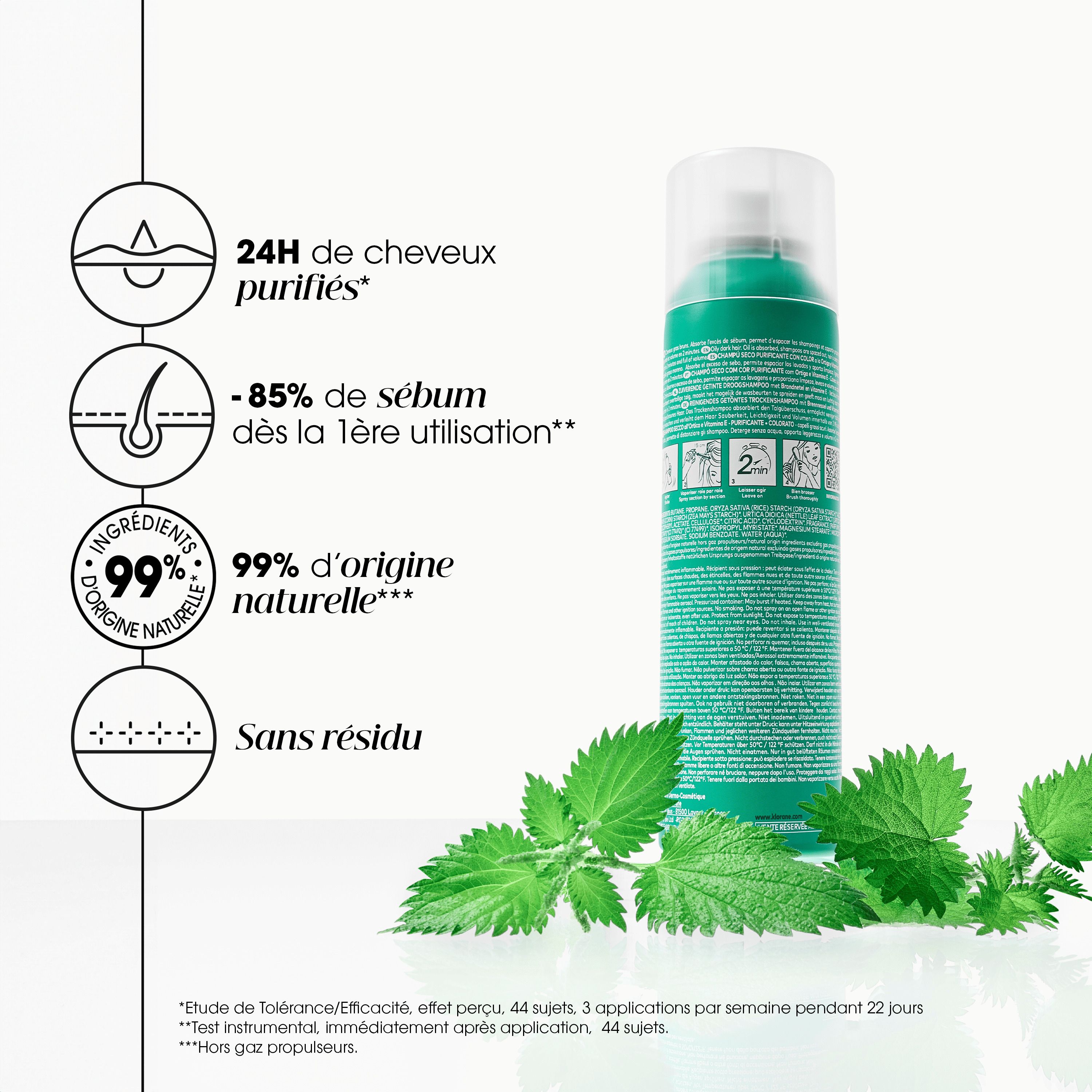 Graphique avec produit et texte: 24H de cheveux purifiés, -85% de sébum, 99% d'origine naturelle, Sans résidu.