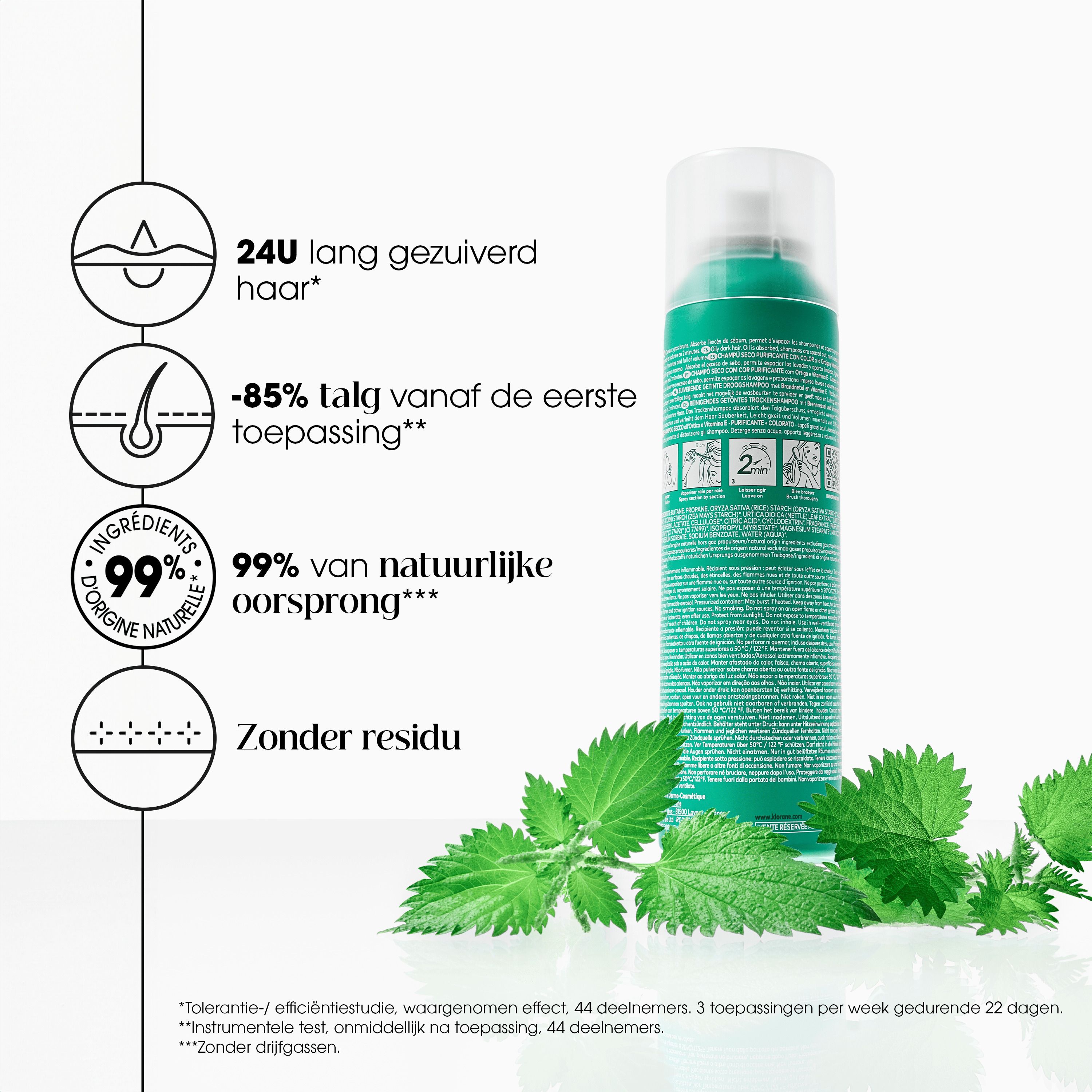 Grafiek met product en tekst: 24U lang gezuiverd haar, -85% talg, 99% van natuurlijke oorsprong, Zonder residu.