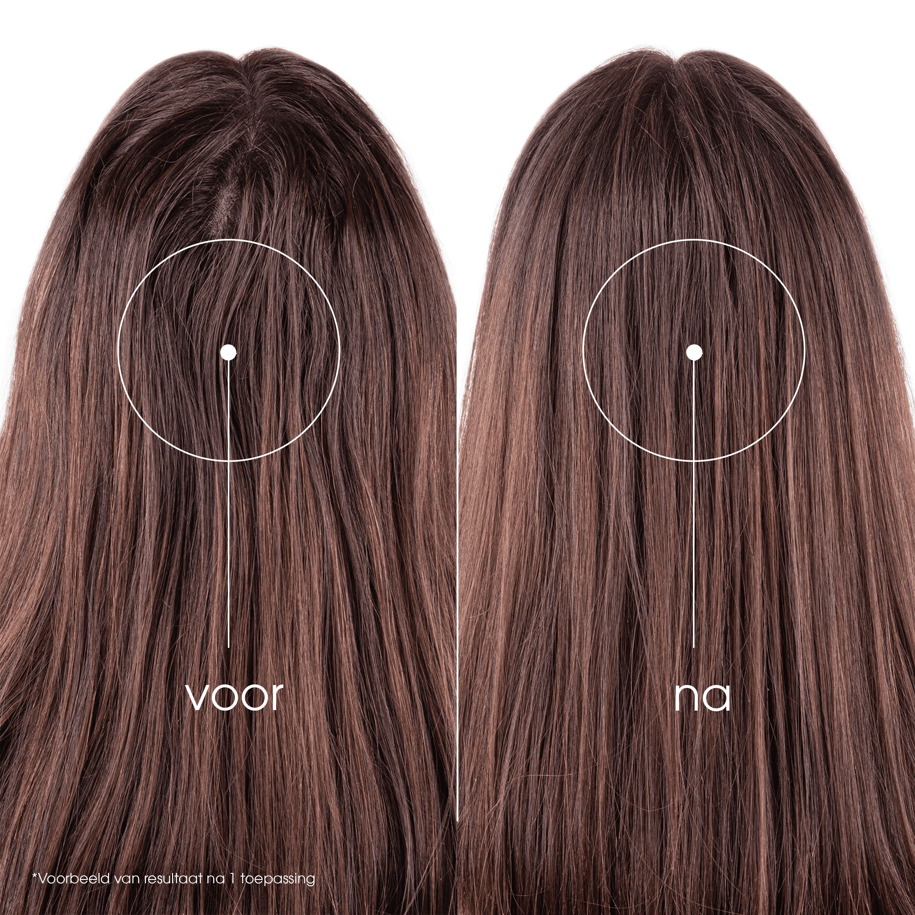 Voor-en-na vergelijking van haar. Tekst: voor, na.