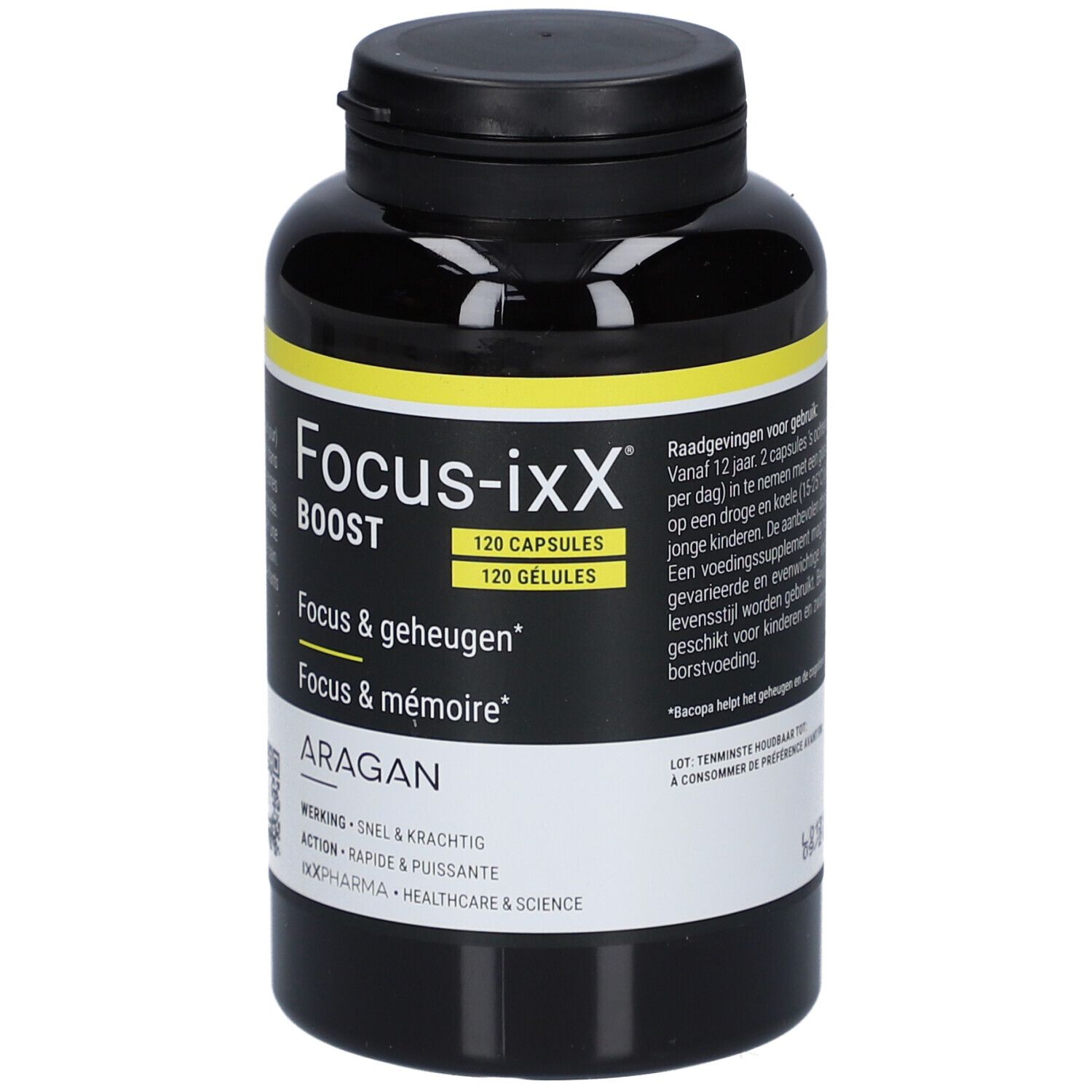 Flacon noir avec étiquette jaune. Contient des gélules. Inscription: Focus-ixX Boost, 120 gélules. Marque: ARAGAN.