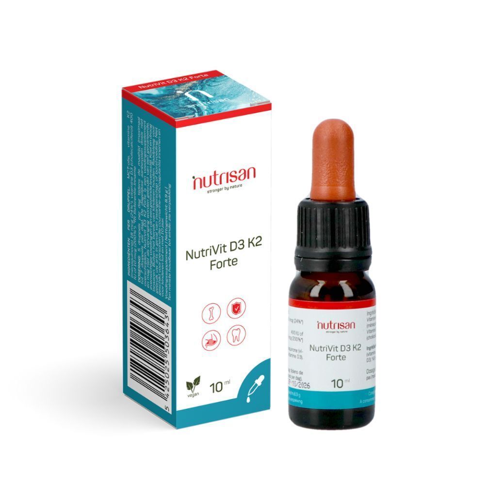 Productfles en verpakking. Fles met zwarte dop en pipet. Verpakking met logo en productnaam.