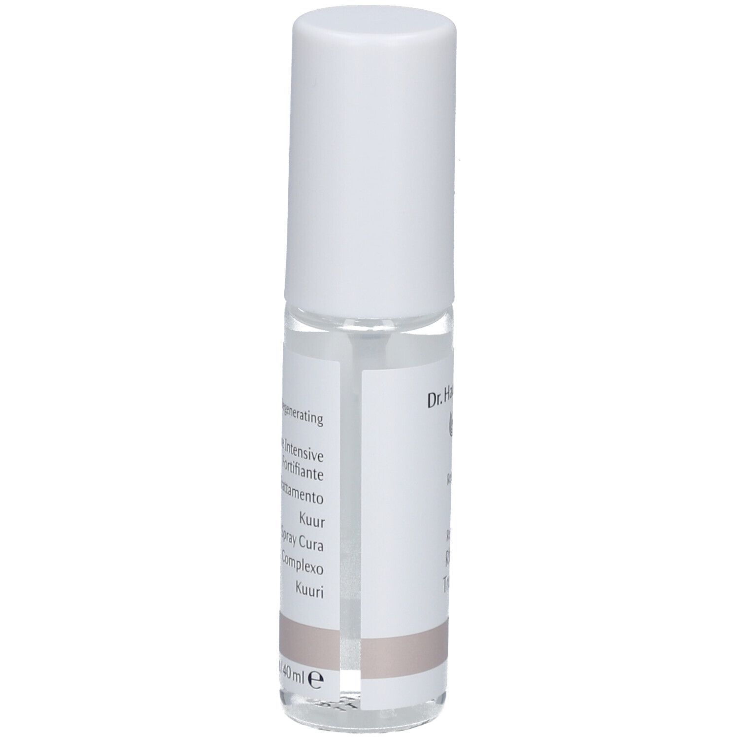Cilindrische fles met witte dop. Etiket met productnaam en logo. Meertalige productaanduidingen.