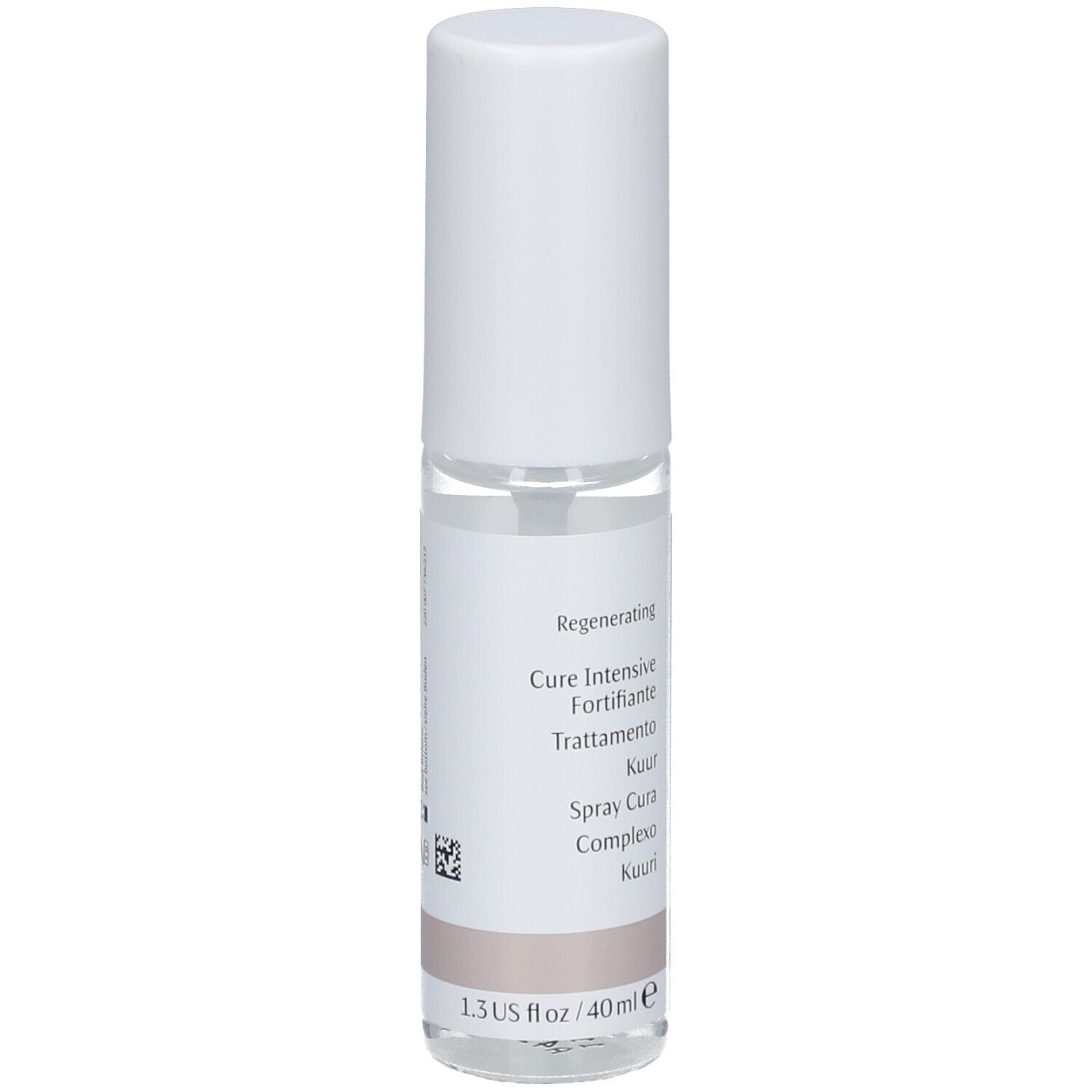 Cilindrische fles met witte dop. Etiket met productnaam en logo. Meertalige productaanduidingen.
