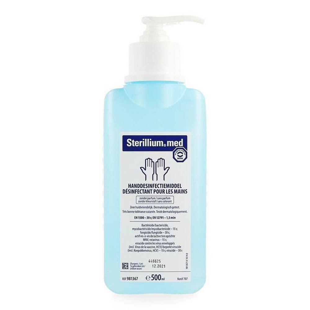 Blauwe fles met witte pomp. Opschrift: Sterillium med. Handdesinfectiemiddel. Vierkante vorm.