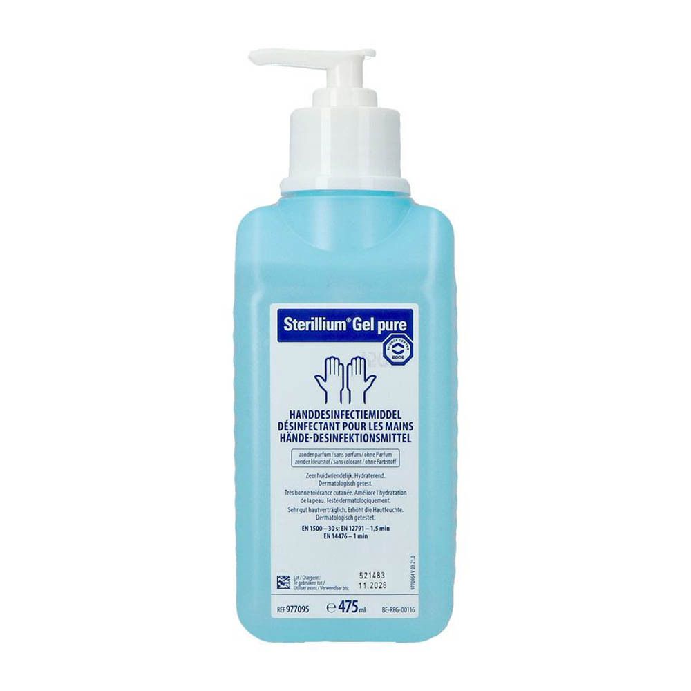Flacon bleu avec pompe blanche. Inscription : Sterillium Gel pure, désinfectant pour les mains. 475 ml.