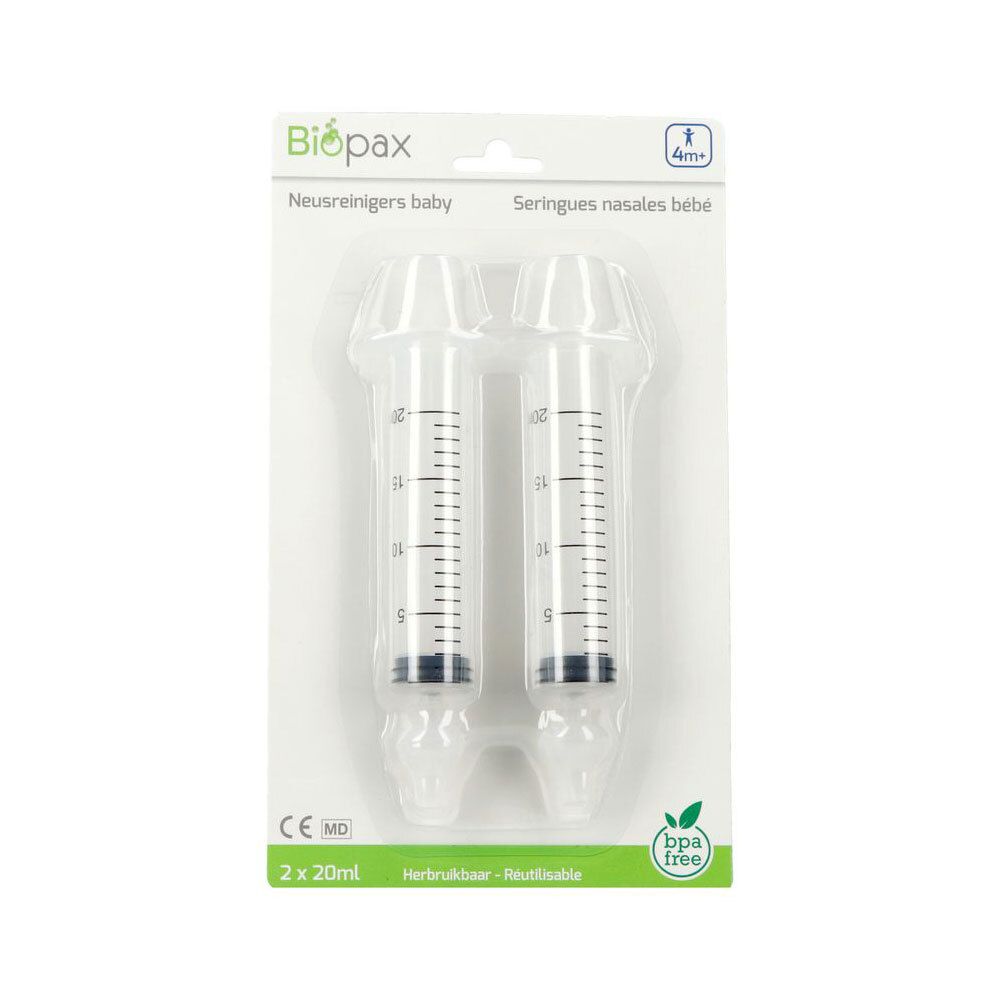 Deux seringues nasales transparentes dans un emballage blister. Avec piston noir et embout blanc. Échelle imprimée.