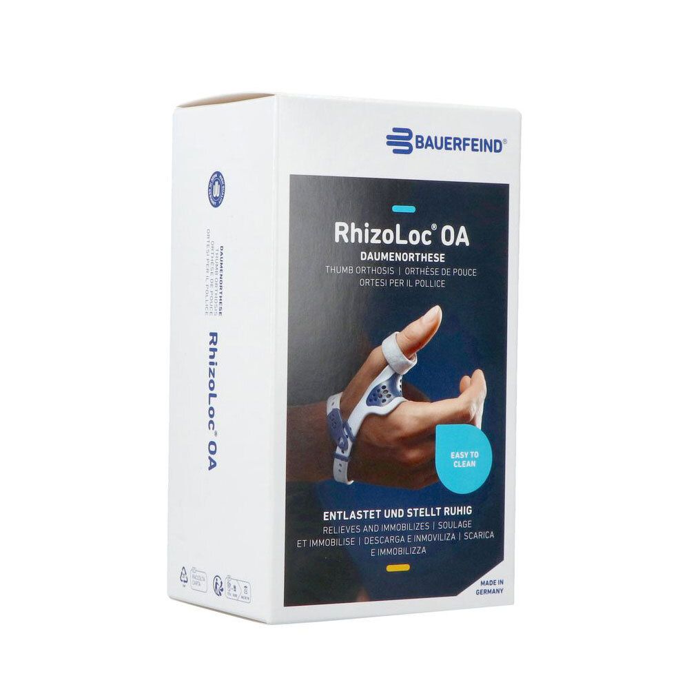 Verpakking van de Bauerfeind Rhizoloc OA duimbrace met productafbeelding en tekst.