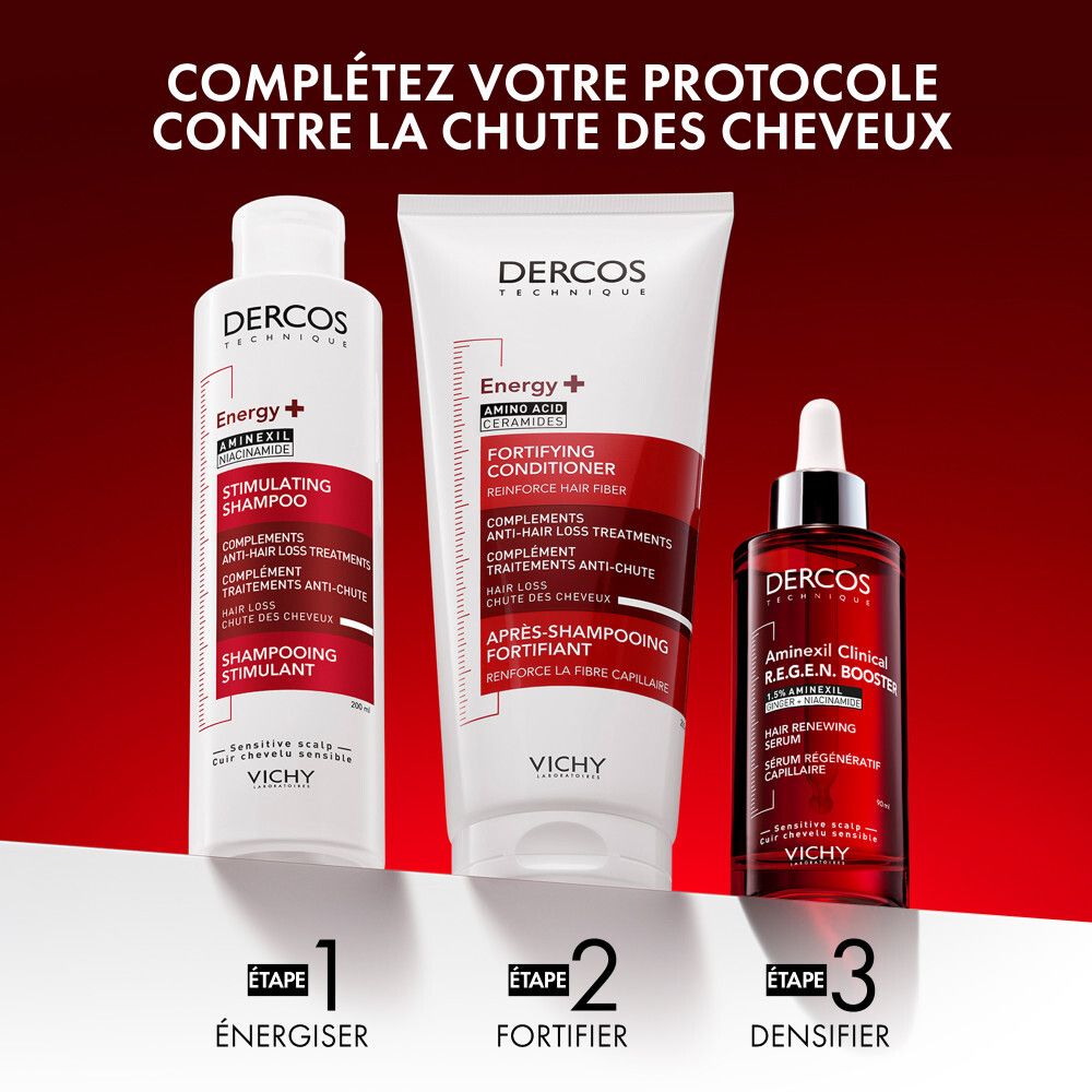 Trois produits. Shampooing, après-shampooing, sérum. Inscription: Dercos. Complétez votre routine.