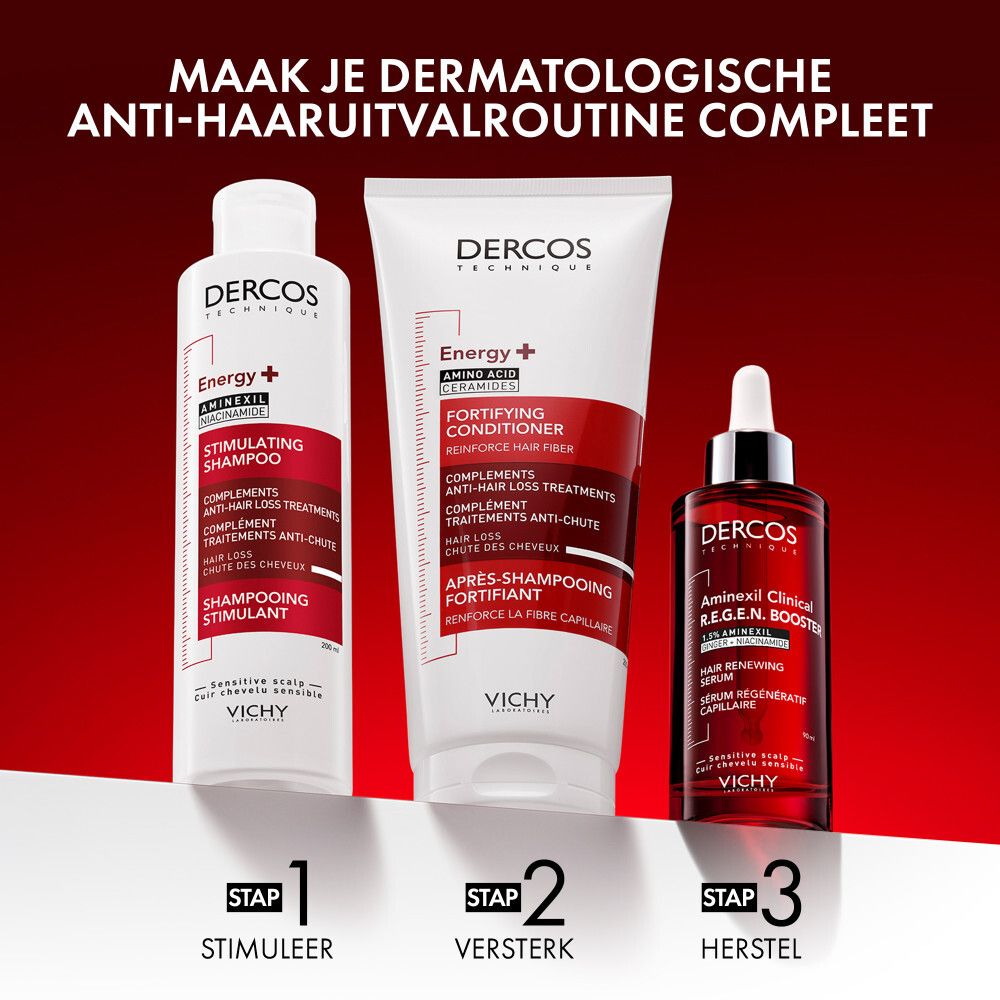 Drie producten. Shampoo, conditioner, serum. Opschrift: Dercos. Maak je anti-haaruitvalroutine compleet.