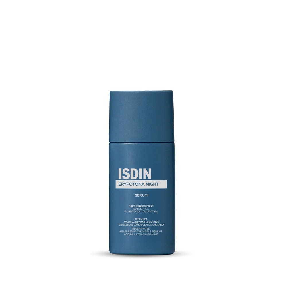 Blauwe fles ISDIN Eryfotona Night Serum. Witte tekst. Cilindervorm met dop.