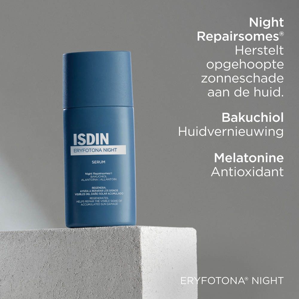 ISDIN Eryfotona Night Serum. Tekst met ingrediënten. Blauwe fles.