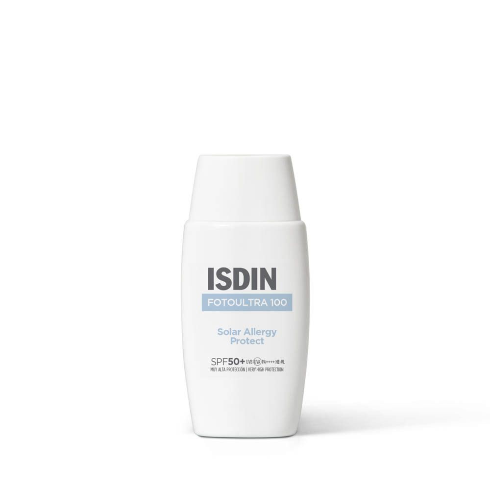 Witte fles met ISDIN-logo en productnaam. Tekst: Solar Allergy Protect SPF50+.