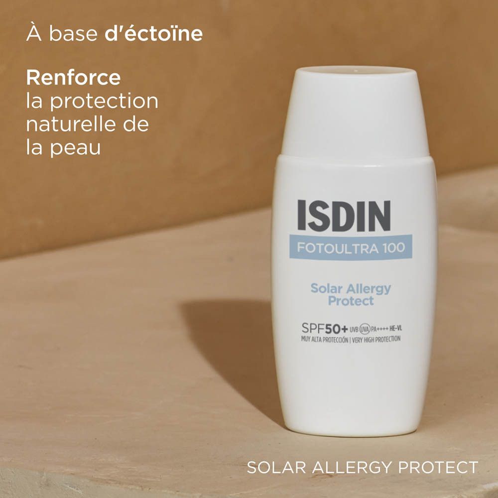 Flacon de produit avec texte: ISDIN, FOTULTRA 100, Solar Allergy Protect, SPF50+.