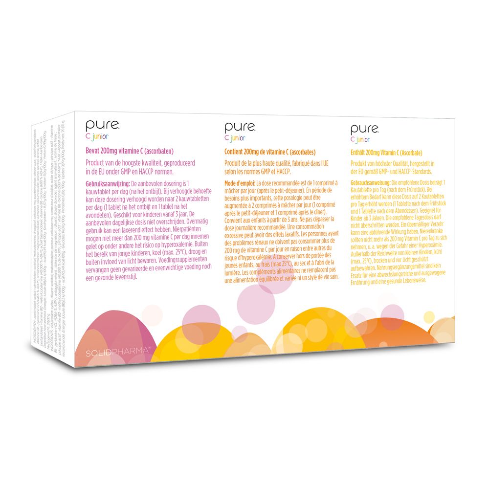Achterkant van het doosje pure® C junior. Tekst in drie talen. Kleurrijke illustraties.