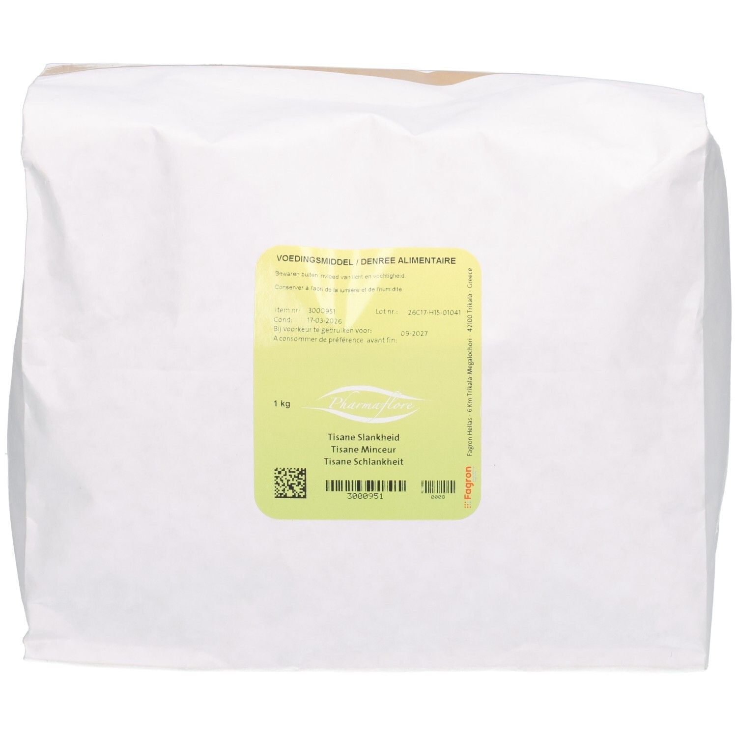 Sac blanc avec étiquette jaune. Texte: Pharmaflore Tisane Slankheid, 1 kg. Code QR et code-barres.
