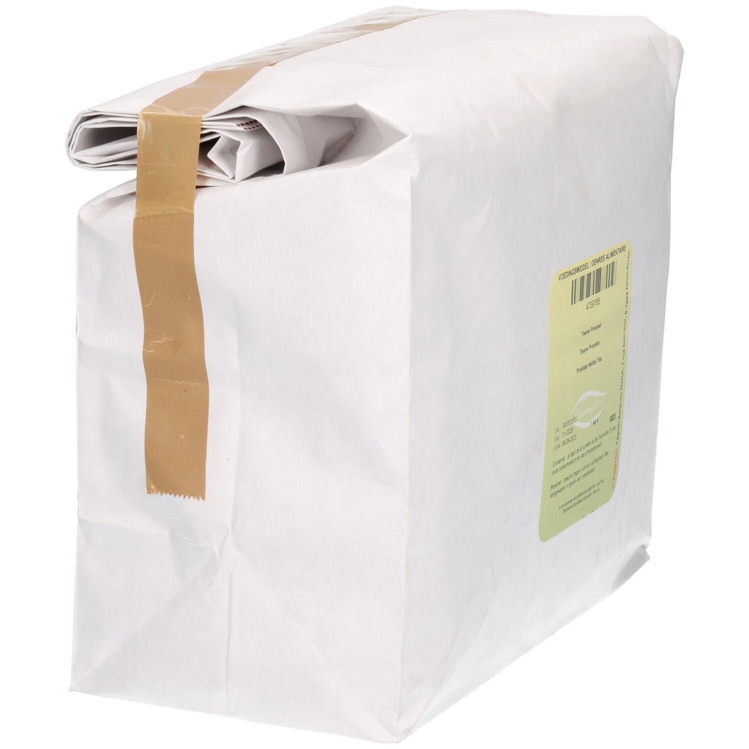 Sac en papier blanc, plié en haut et fermé avec du ruban adhésif brun. Étiquette avec texte.