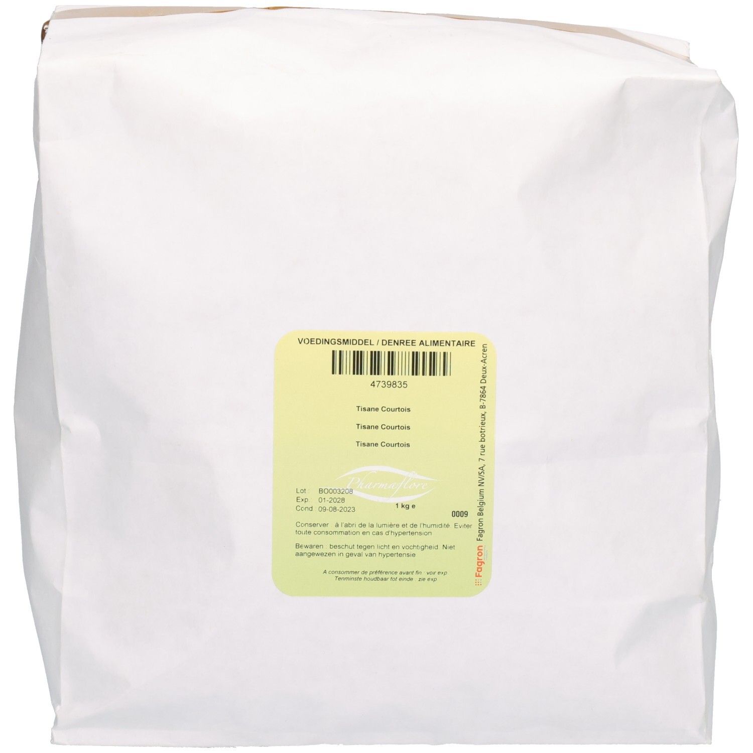 Sac blanc avec étiquette jaune. Inscription: Pharmaflore Tisane Courtois. Texte en français et néerlandais. 1 kg.