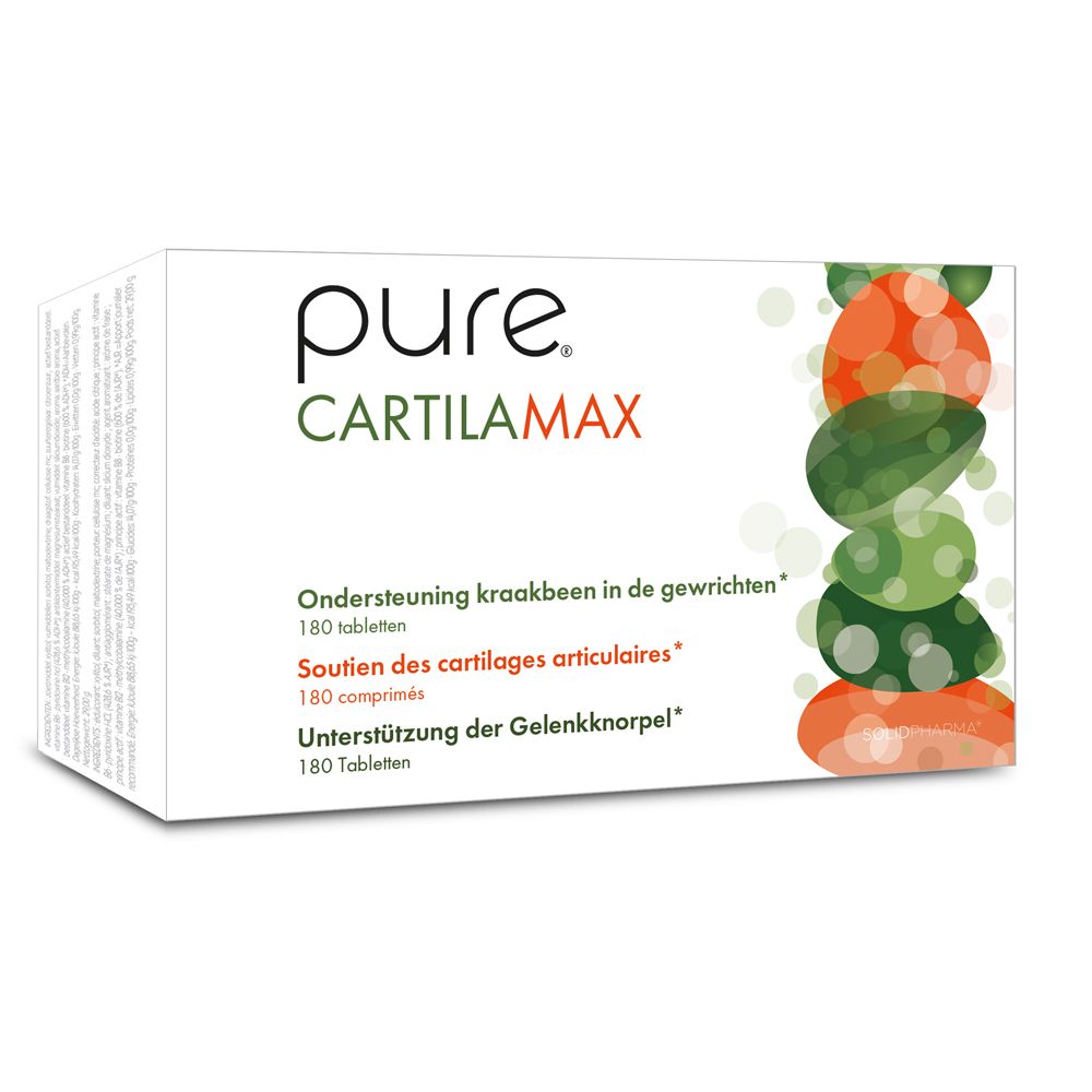 Witte doos pure® Cartilamax. Tekst in het Nederlands, Frans en Duits. 180 tabletten.
