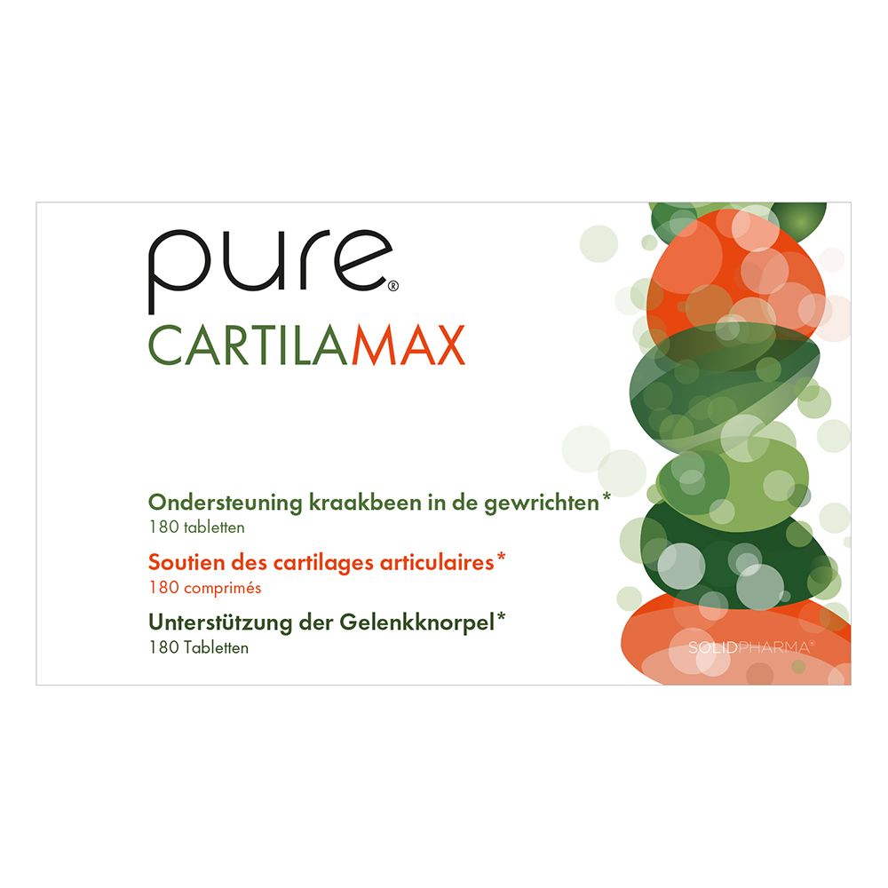 Achterkant van de witte doos pure® Cartilamax. Meertalige tekst. Ingrediënten en gebruik.