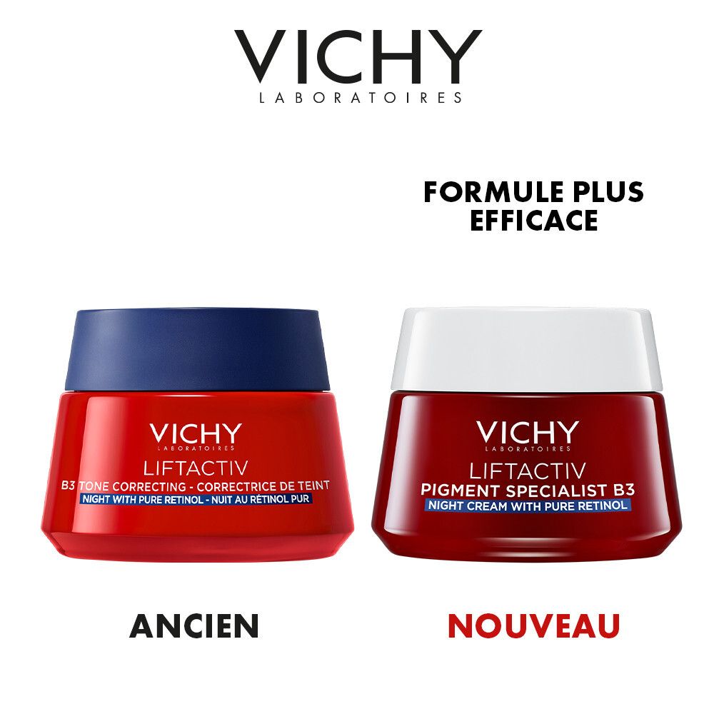 Deux pots Vichy LIFTACTIV B3. Gauche: B3 Tone Correcting. Droite: Pigment Specialist B3. Texte: Formule plus efficace.