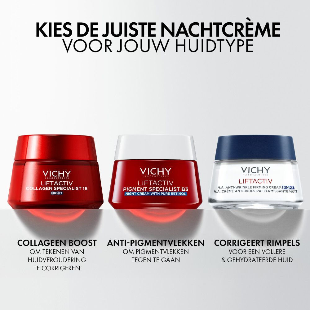 Drie potten Vichy LIFTACTIV. Links: Collagen Specialist 16. Midden: Pigment Specialist B3. Rechts: HA Anti-Wrinkle.