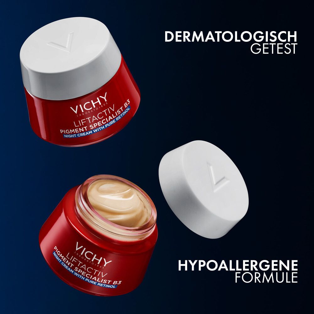 Drie potten Vichy LIFTACTIV B3. Tekst: Dermatologisch getest. Tekst: Hypoallergene formule.
