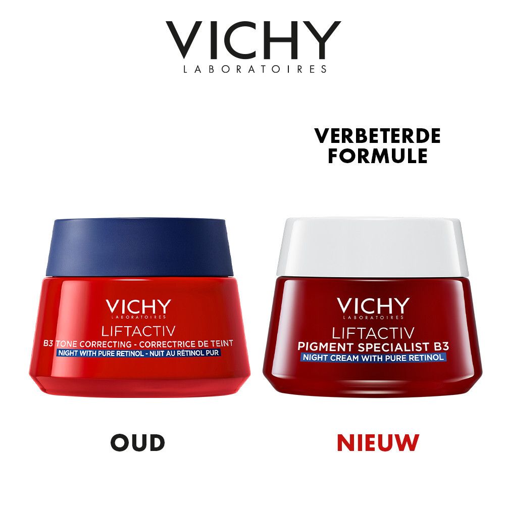 Twee potten Vichy LIFTACTIV B3. Links: B3 Tone Correcting. Rechts: Pigment Specialist B3. Tekst: Verbeterde formule.
