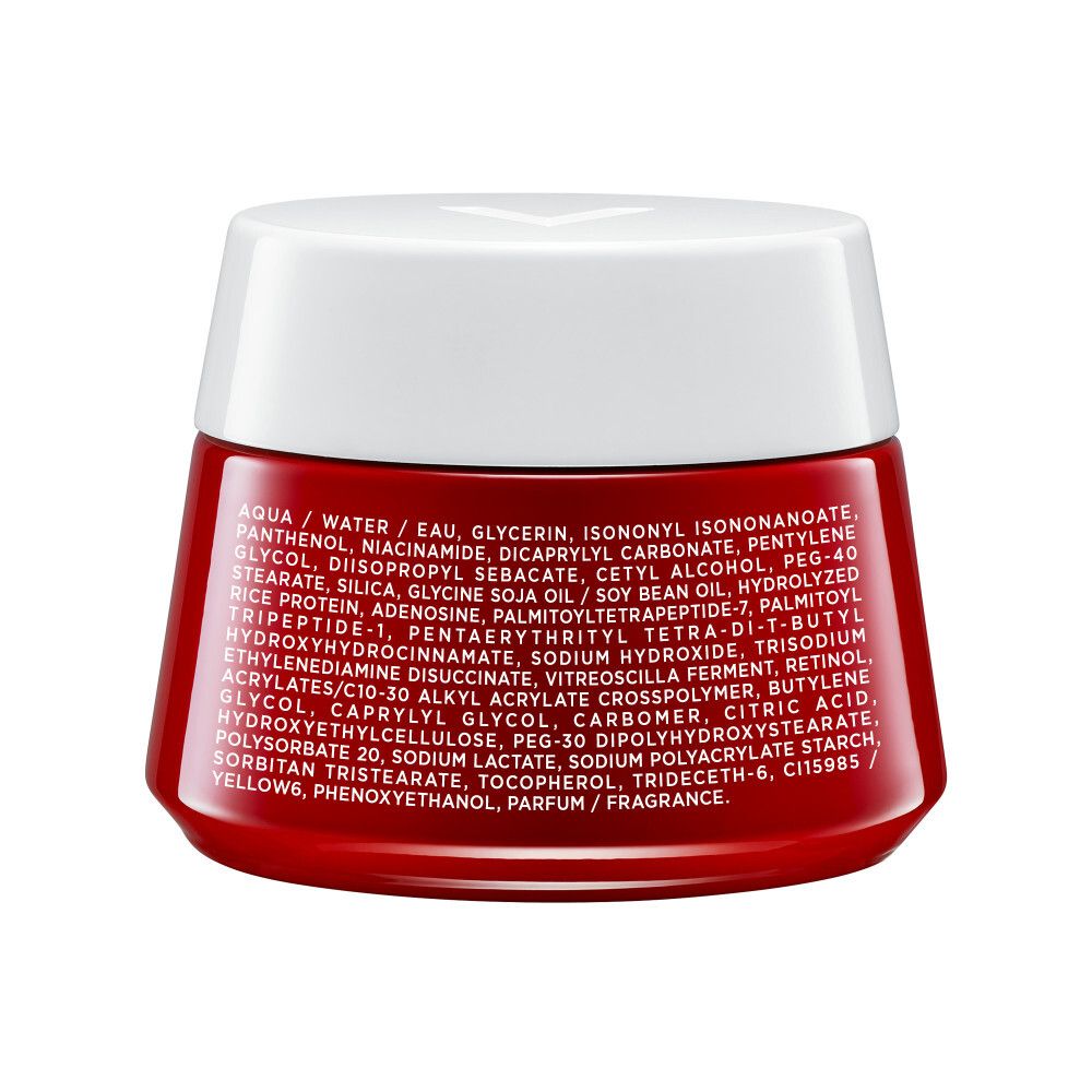 Dos d'un pot rouge Vichy LIFTACTIV B3. Texte avec ingrédients. Couvercle blanc.