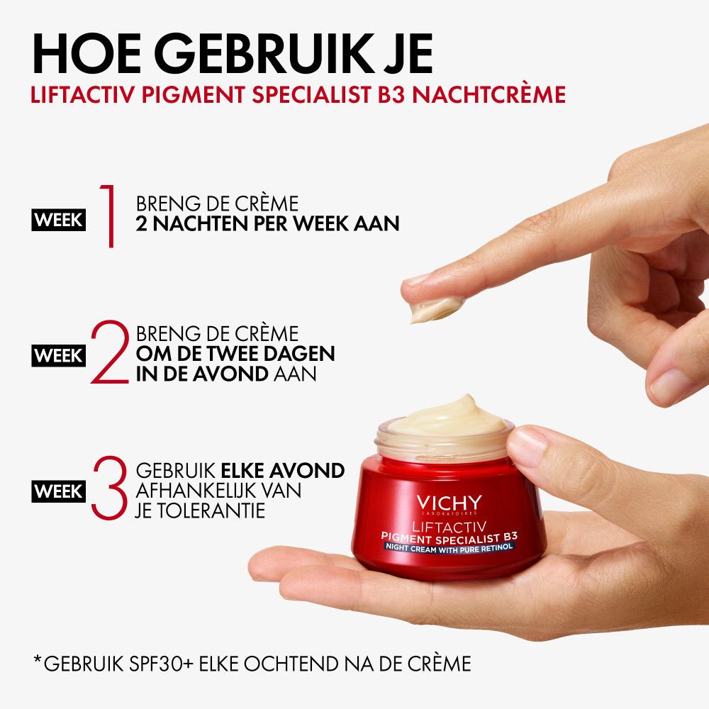Handen houden een pot Vichy LIFTACTIV B3 vast. Tekst: Hoe gebruik je LIFTACTIV Pigment Specialist B3 nachtcrème?