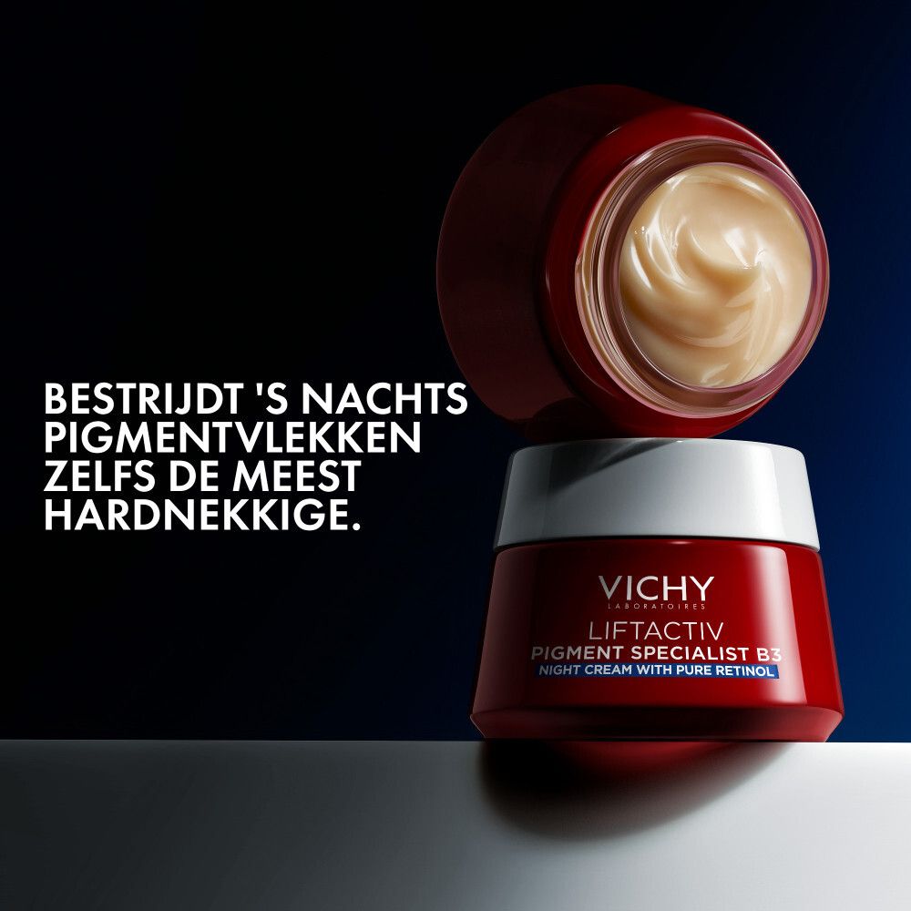 Pot Vichy LIFTACTIV B3. Tekst: Bestrijdt 's nachts pigmentvlekken. Tekst: Night Cream with Pure Retinol.