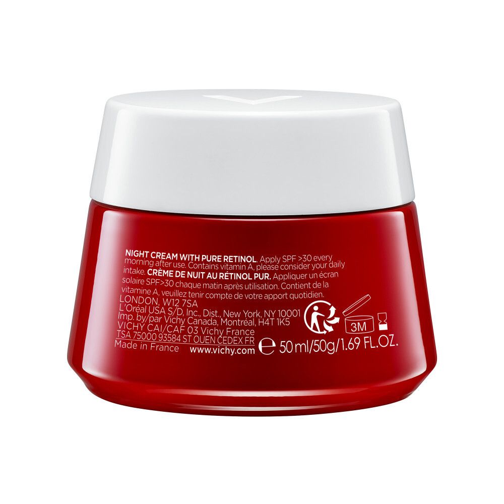 Rode pot Vichy LIFTACTIV B3. Opschrift: Night Cream with Pure Retinol. Tekst op de achterkant. Witte deksel.