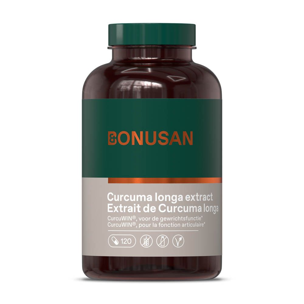 Groene fles met bruine dop. Opschrift: BONUSAN, Curcuma longa extract.
