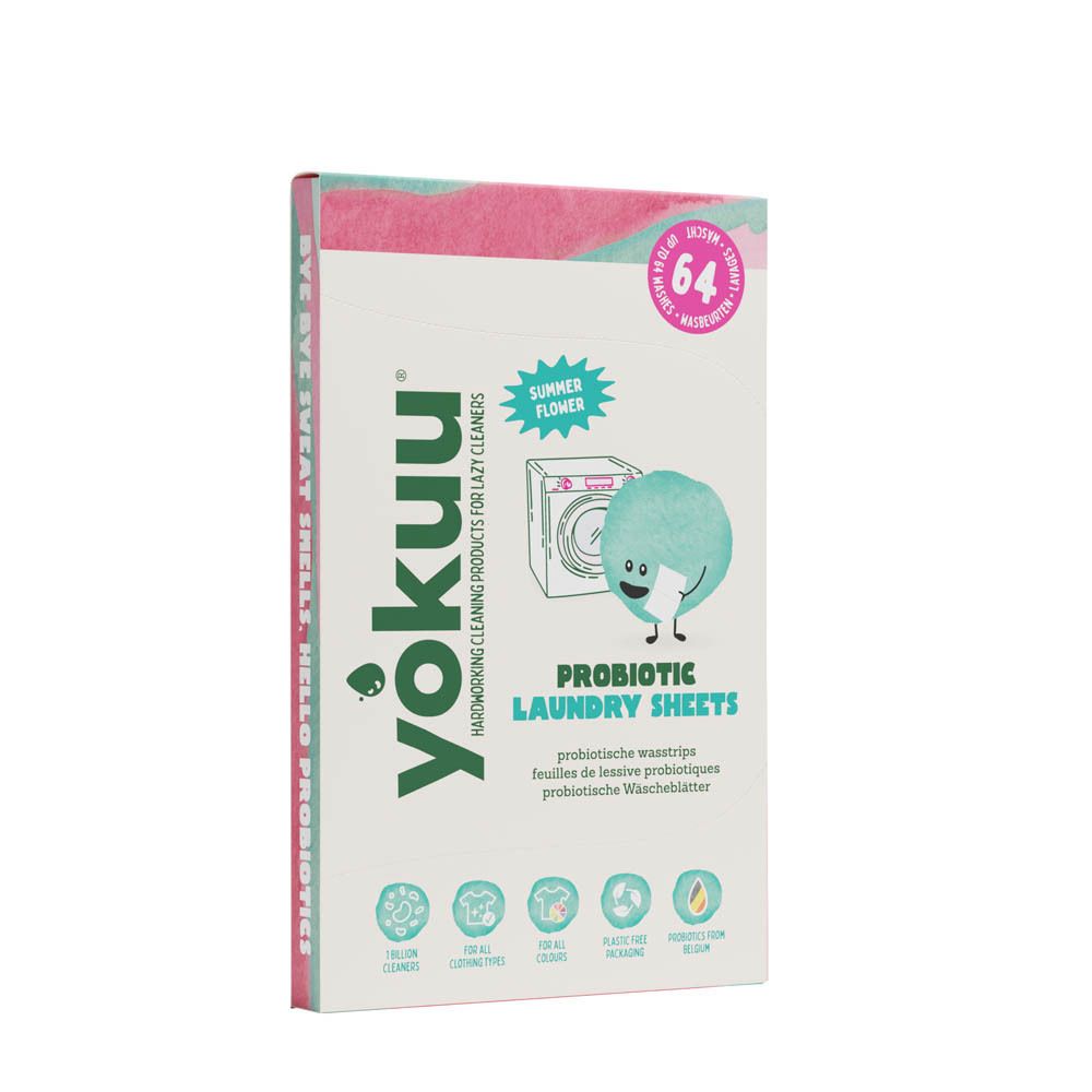 Verpakking YOKUU probiotische wasstrips. 64 wasbeurten. Voor alle soorten was. Reinigt zacht.