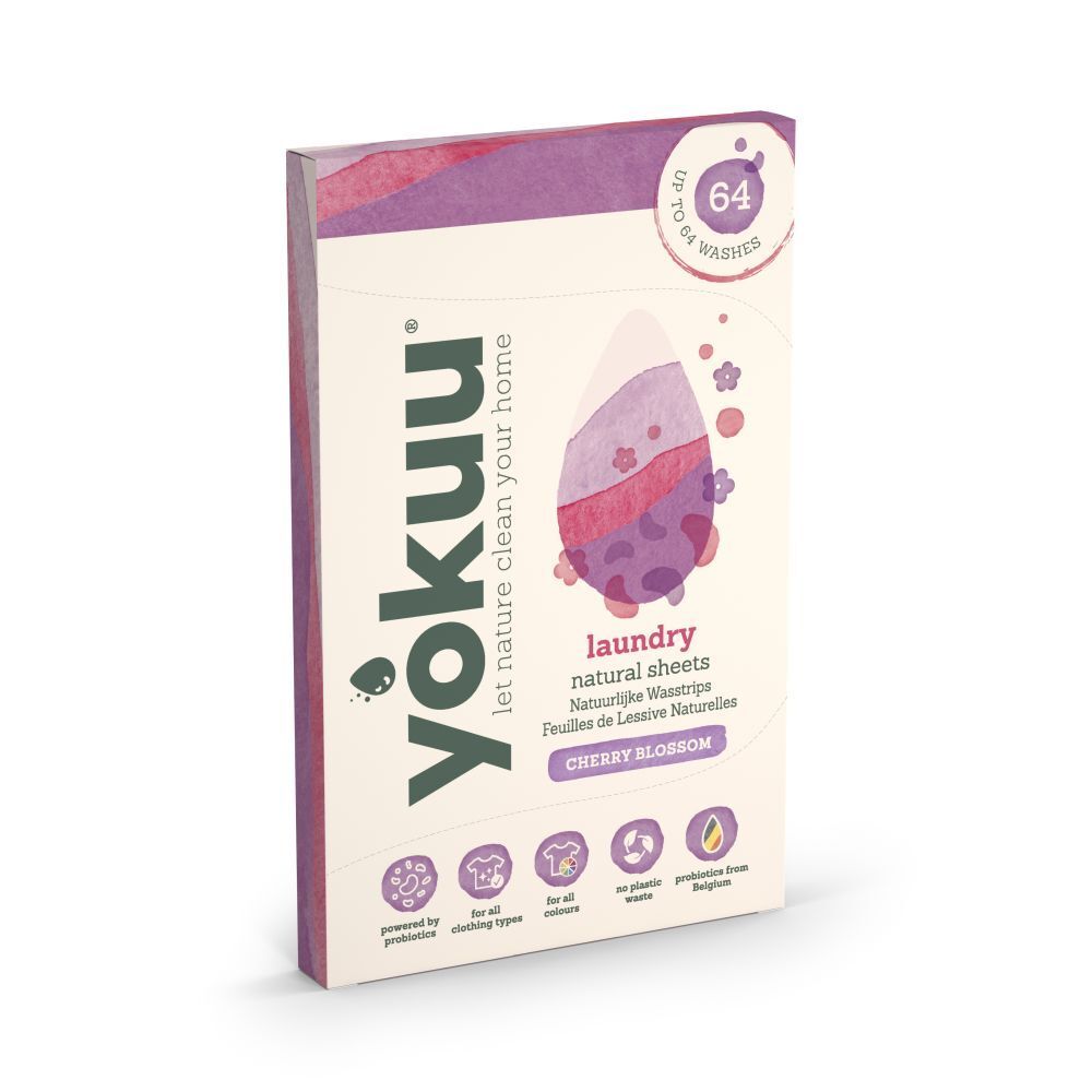 Verpakking van YOKUU® wasstrips. Opschrift: Cherry Blossom, tot 64 wasbeurten. Logo en iconen.