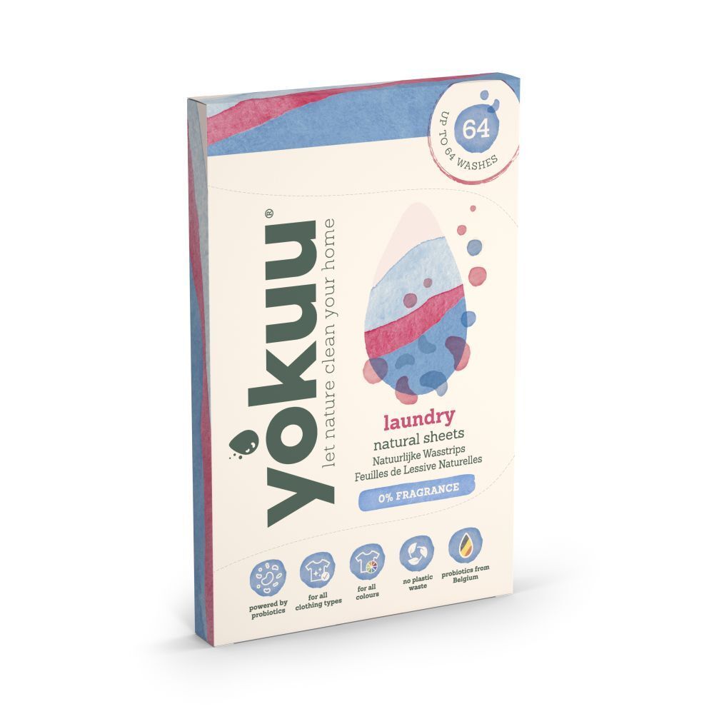 Boîte de feuilles de lessive. Inscription: YOKUU, laundry natural sheets, 0% fragrance. Jusqu'à 64 lavages.