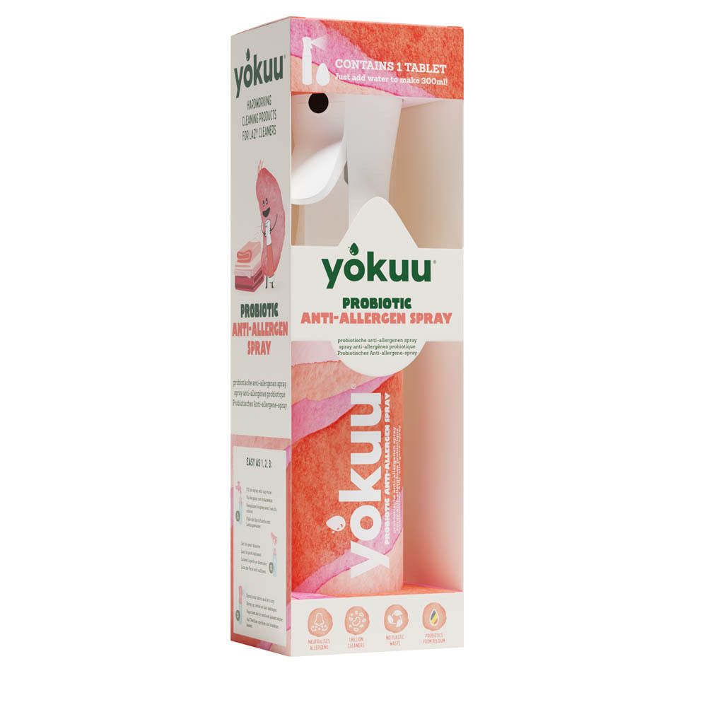 YOKUU Probiotische anti-allergie spray starterkit. Sprayfles en tablet in verpakking. Roze-wit design, productlogo.