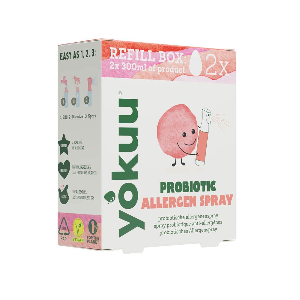 Kartonnen verpakking met productnaam en logo. Opschrift: Refill Box 2x. Afbeelding van een spray en een figuur. Tekst: Probiotic Allergen Spray.