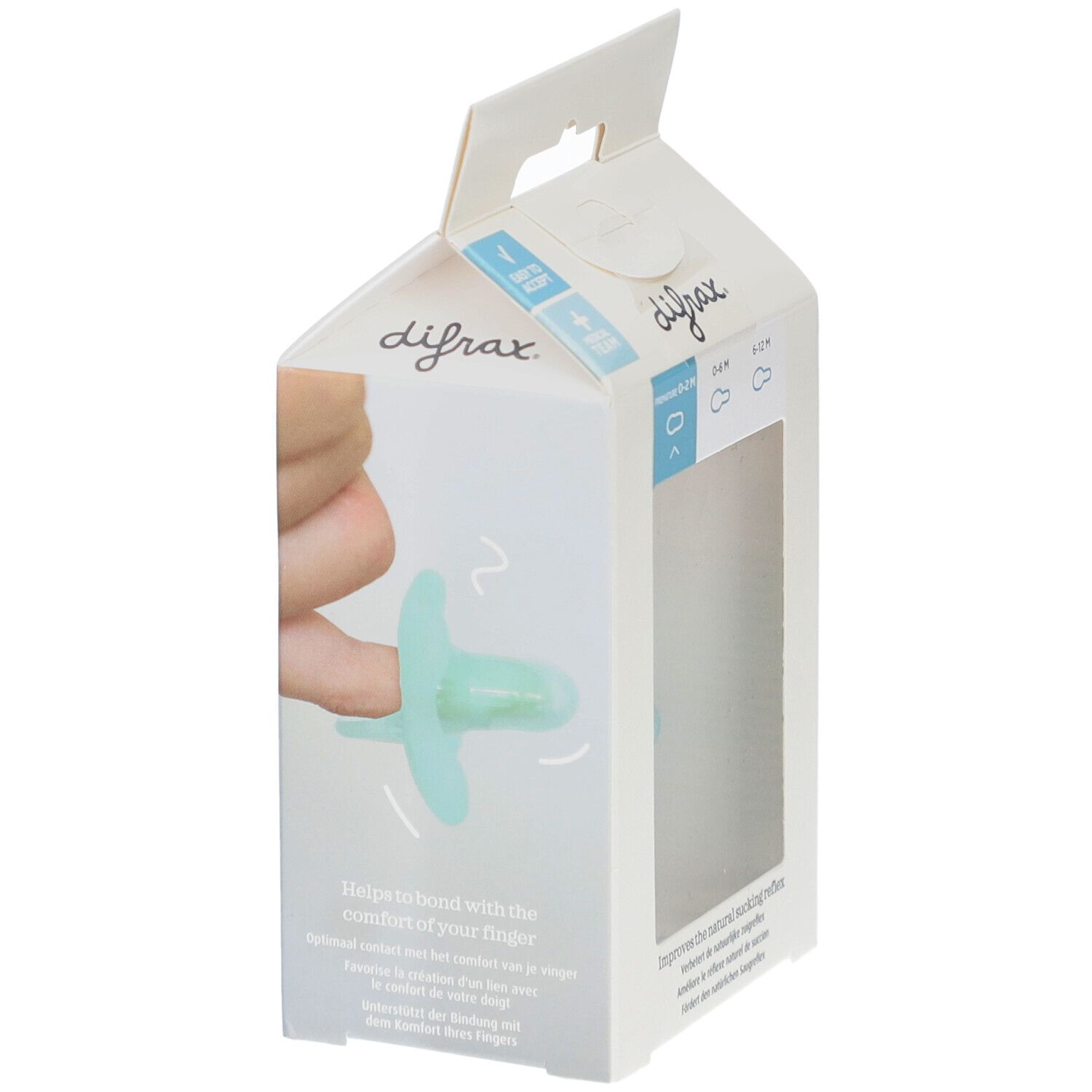 Verpakking met een blauwe speen. De speen wordt gedemonstreerd met een vinger. De merknaam is zichtbaar.