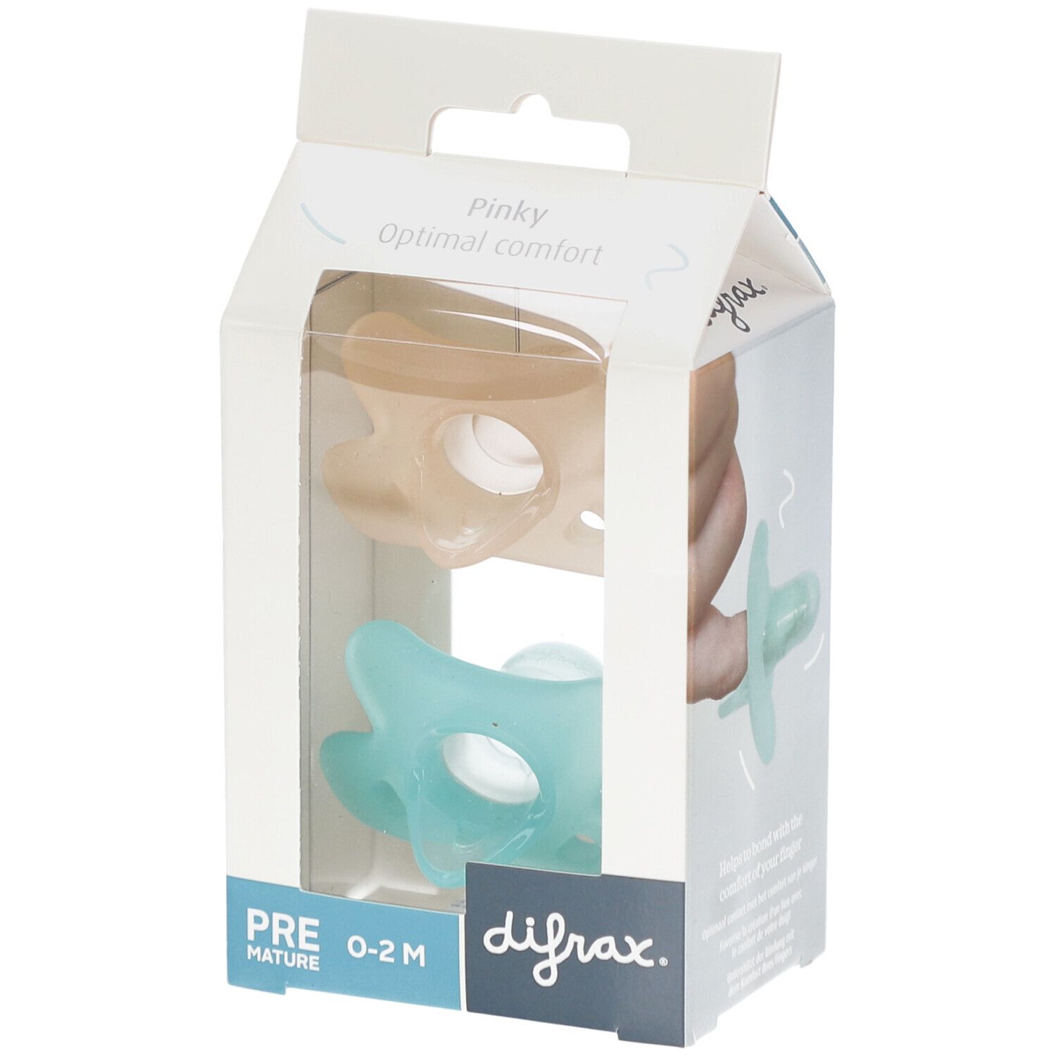 Verpakking met twee spenen, een blauwe en een beige. De merknaam en de productaanduiding zijn zichtbaar.