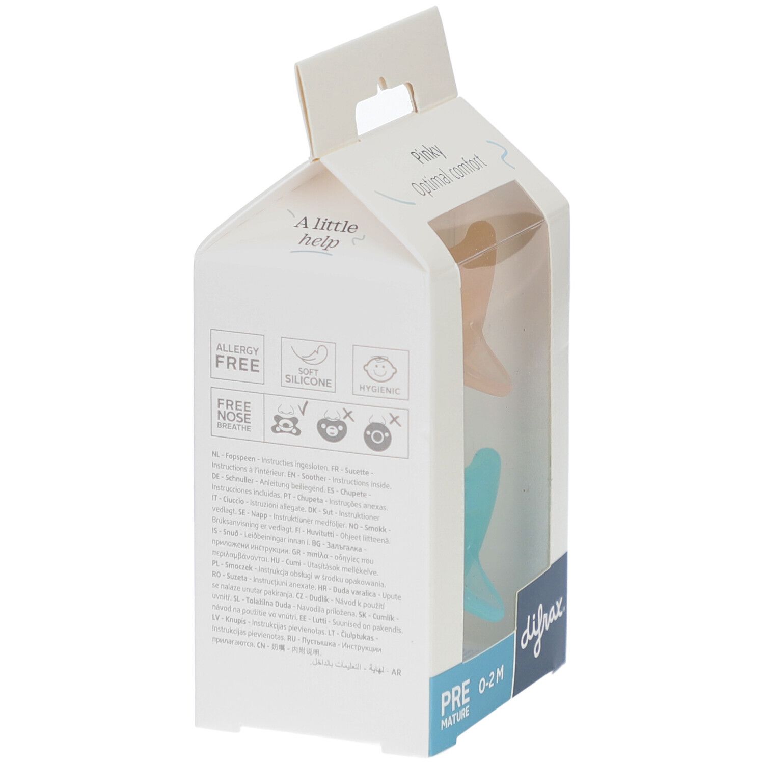Verpakking met een speen. De speen is beige en blauw. De merknaam en productinformatie zijn zichtbaar.