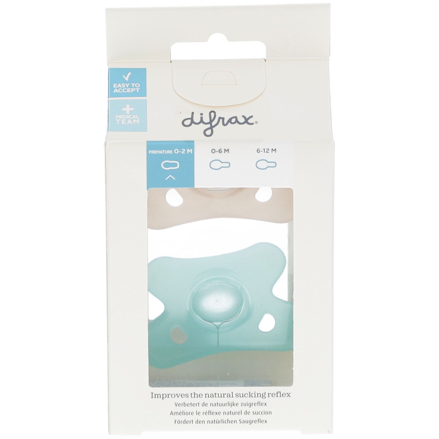 Verpakking met twee spenen, een blauwe en een beige. De merknaam en de productaanduiding zijn zichtbaar.