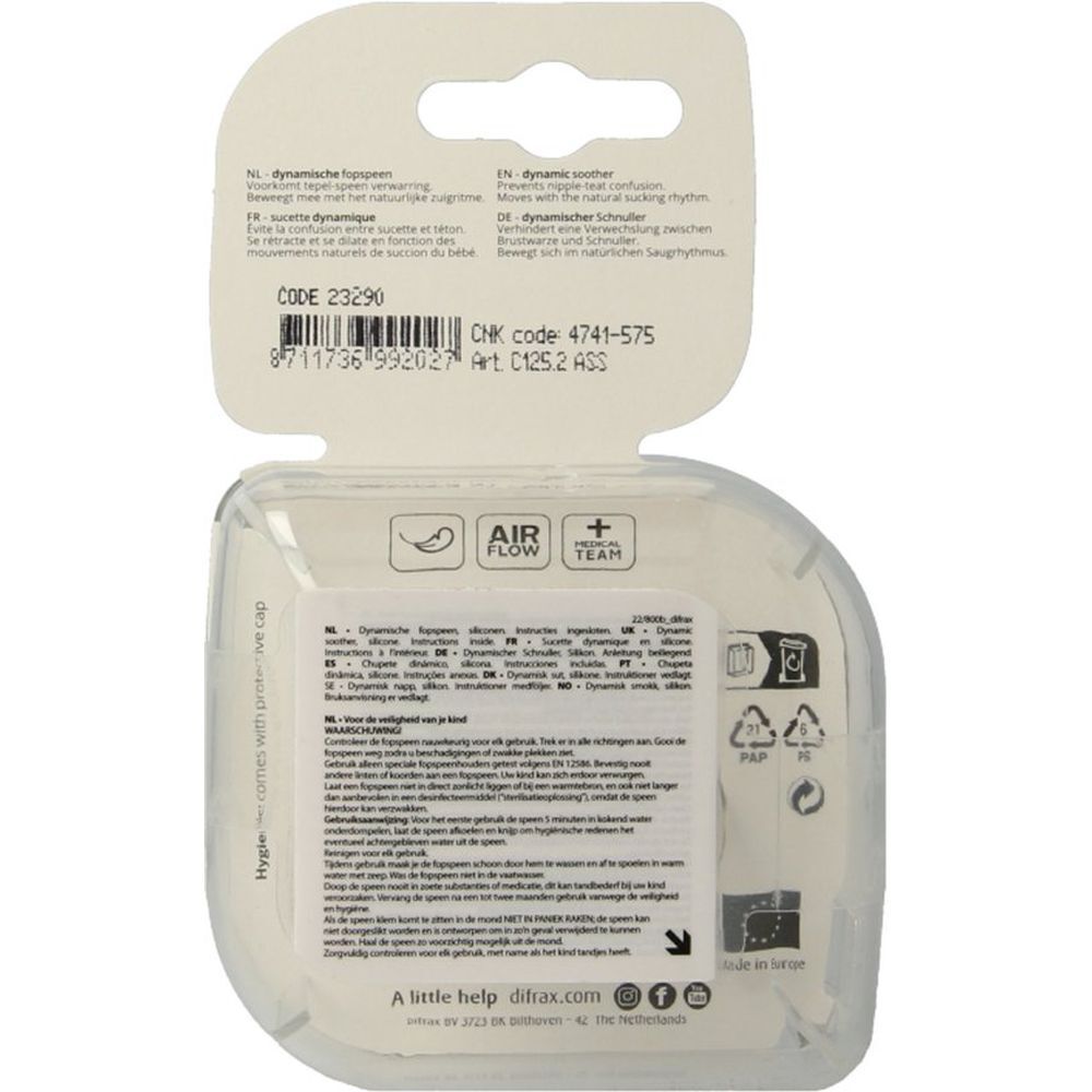 Achterkant van de verpakking met productinformatie. Tekst in meerdere talen. Code 23290, CHK code 4741-575, Art. C125.2 ASS. Recyclingsymbolen.