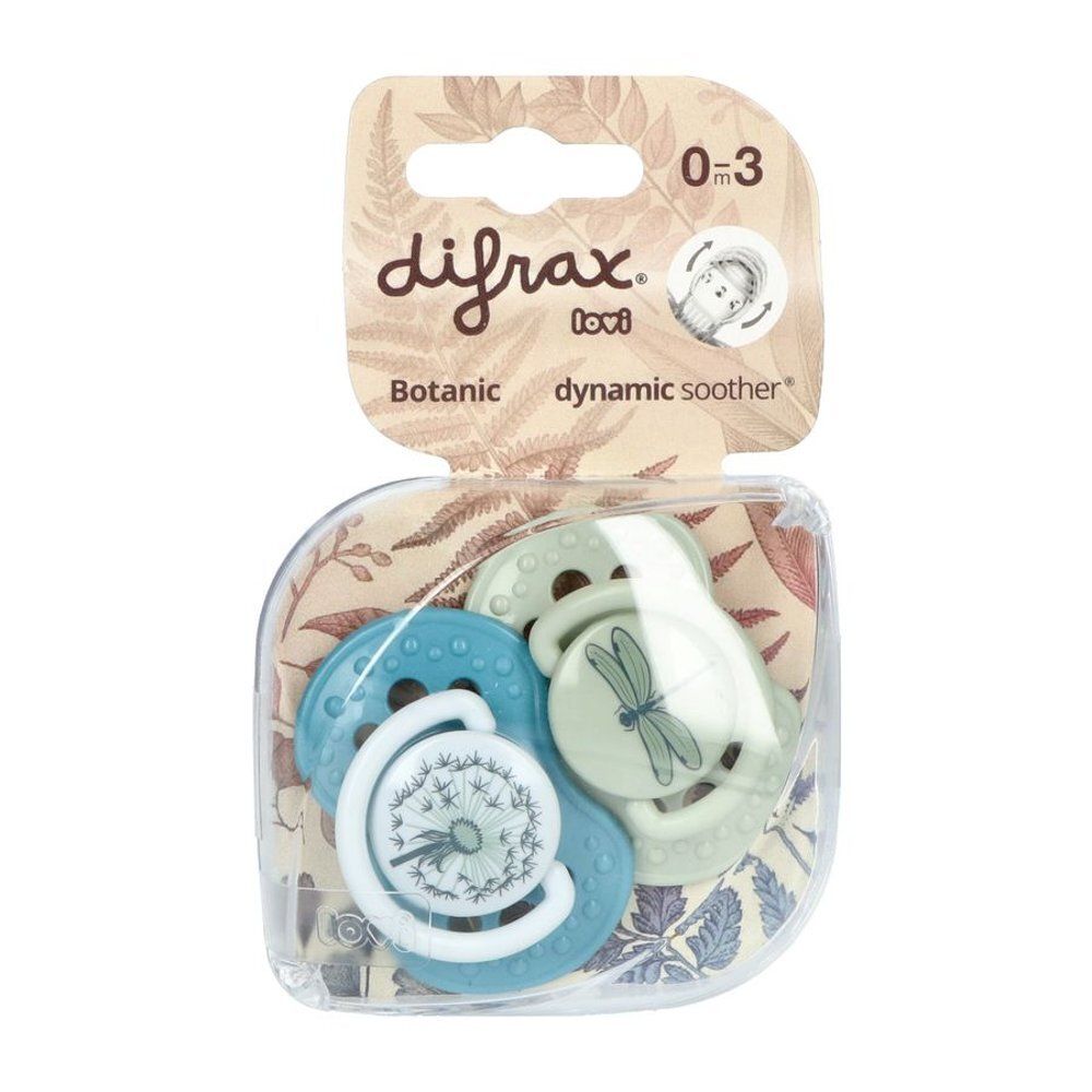 Emballage de deux sucettes. Sucettes bleues et vertes avec motifs botaniques. Marque : Difrax. Recommandé pour les 0-3 mois.