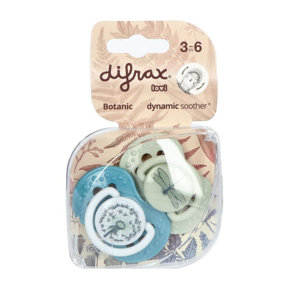 Verpakking met twee fopspenen. Blauwe en groene fopspenen met botanische motieven. Merk Difrax, 3-6m.