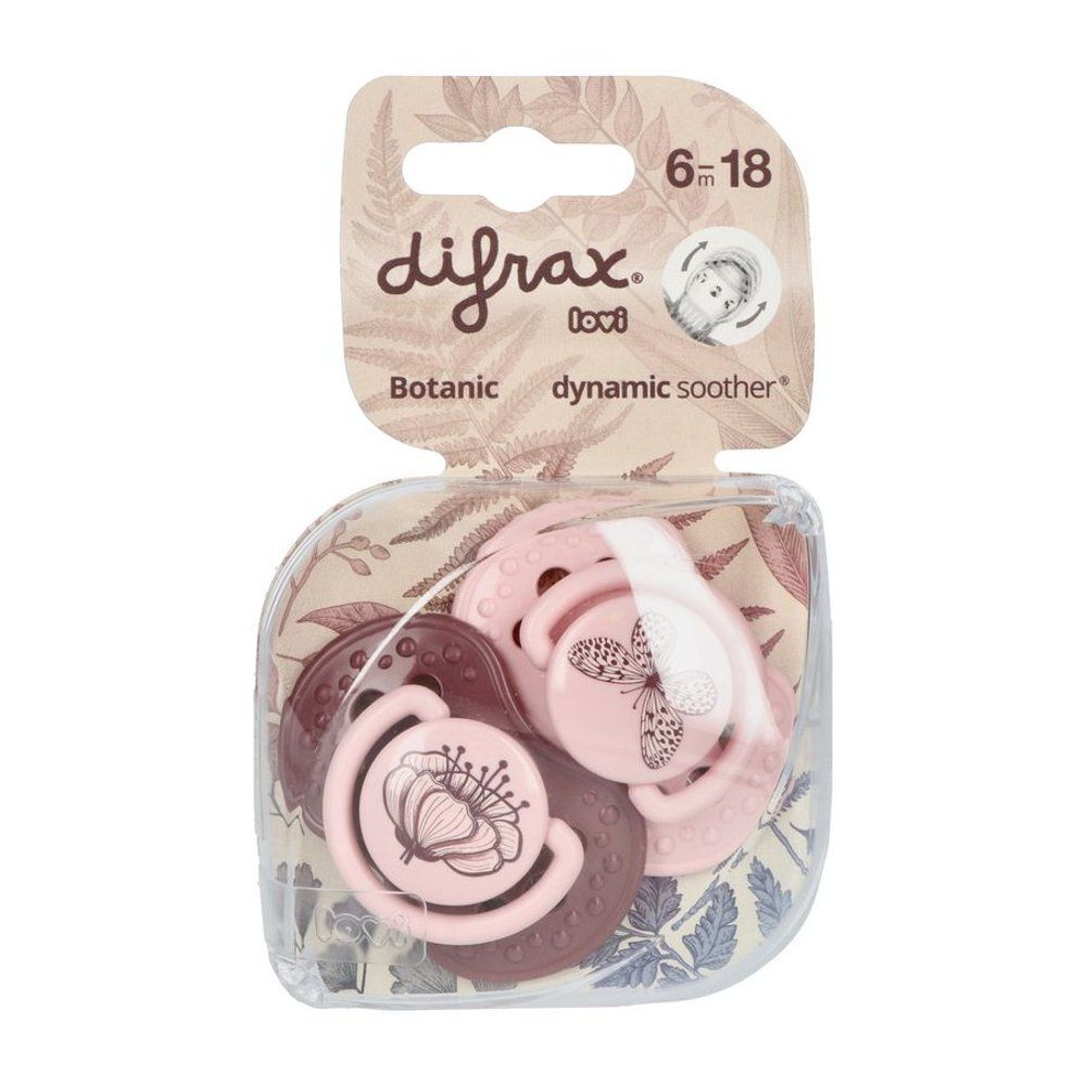 Verpakking met twee fopspenen. Merk Difrax, Botanic, Dynamic Soother. Leeftijd 6-18m.