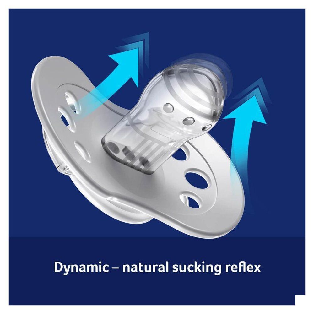 Verpakking met twee fopspenen: lichtgrijs (libel) en blauw (paardenbloem).