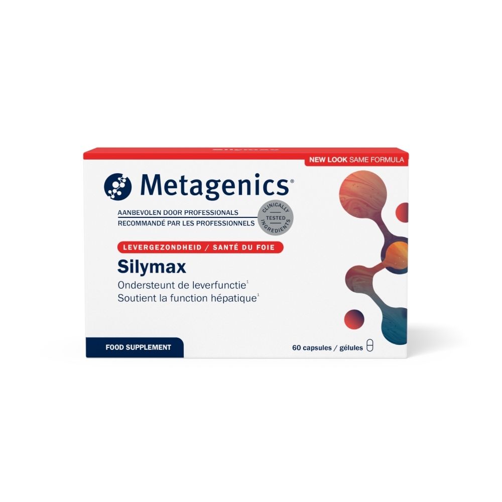 Boîte Silymax. Texte: Santé du foie. 60 gélules. Logo Metagenics. Certifications.