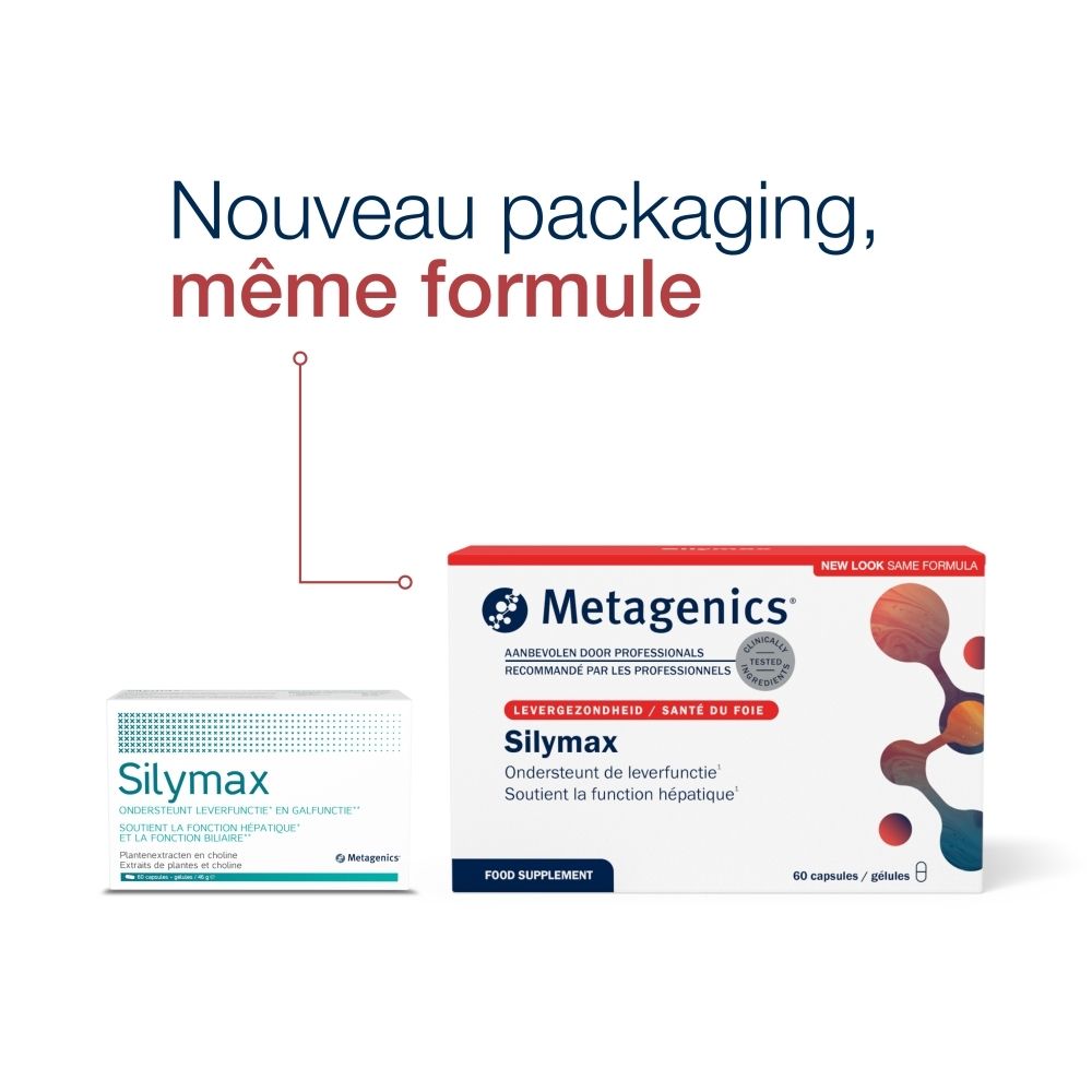 Comparaison: Ancienne et nouvelle boîte Silymax. Texte: Nouveau packaging, même formule. Logo Metagenics.