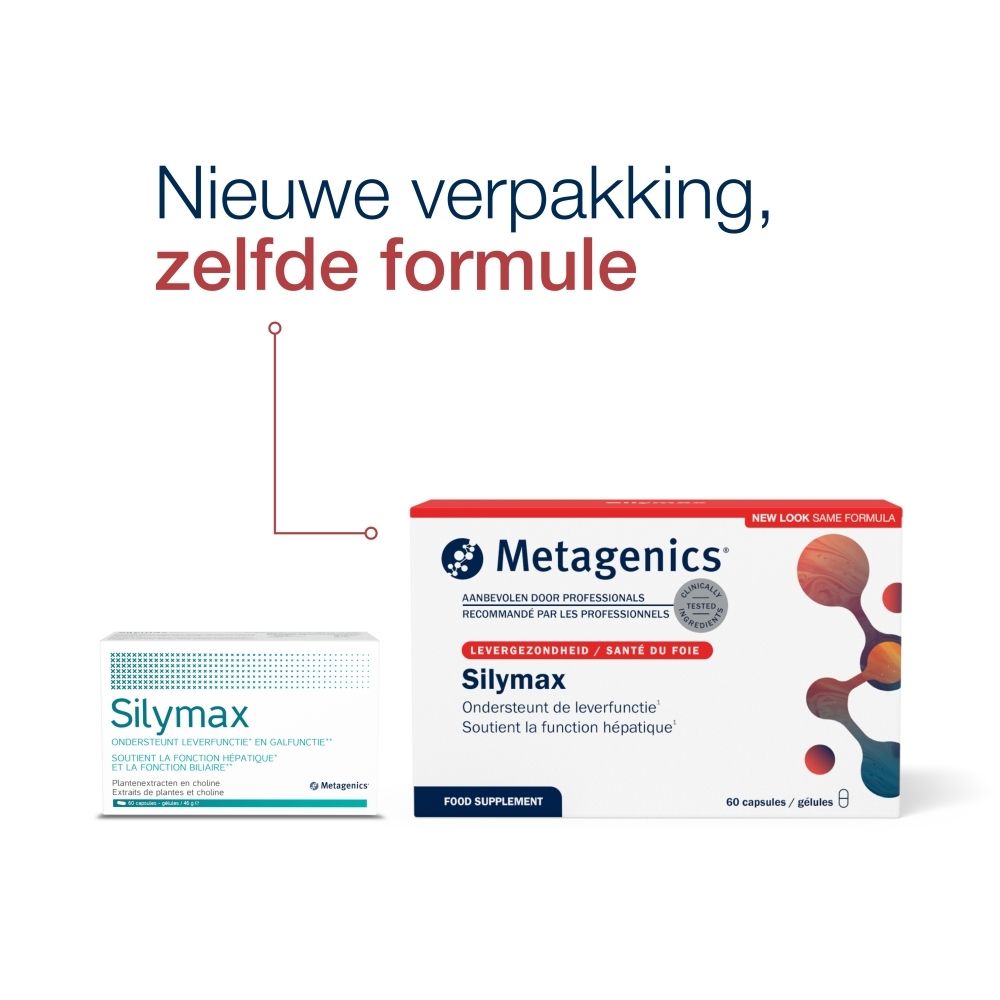 Vergelijking: Oude en nieuwe Silymax-verpakking. Tekst: Nieuwe verpakking, zelfde formule. Metagenics-logo.